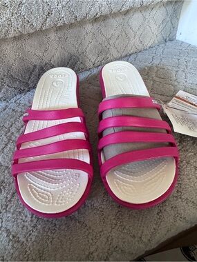 CROCS Women's Hot Pink Multi-Strap Slide Sandals